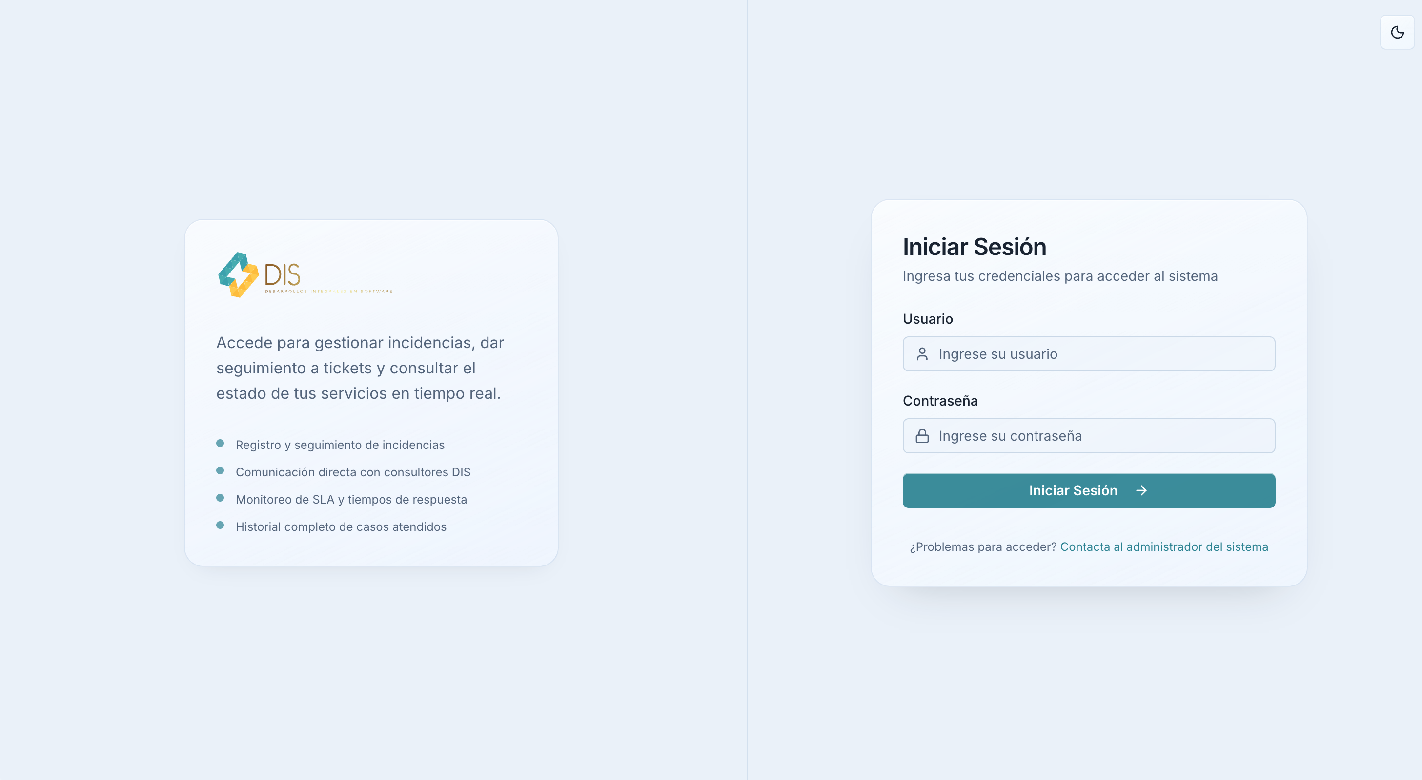 Vista clara del portal de soporte tecnico