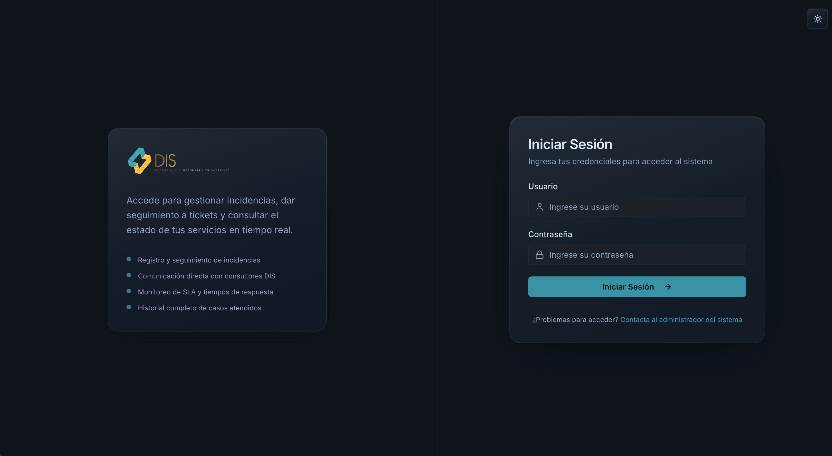 Vista oscura del portal de soporte tecnico